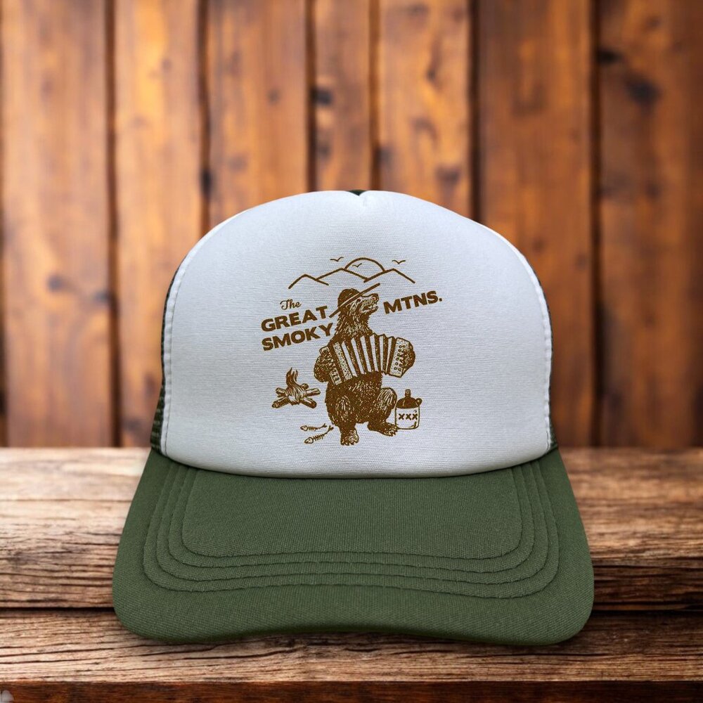 The Great Smoky Mountains Unisex Trucker Hat Olive Snapback Tennessee Ball Cap